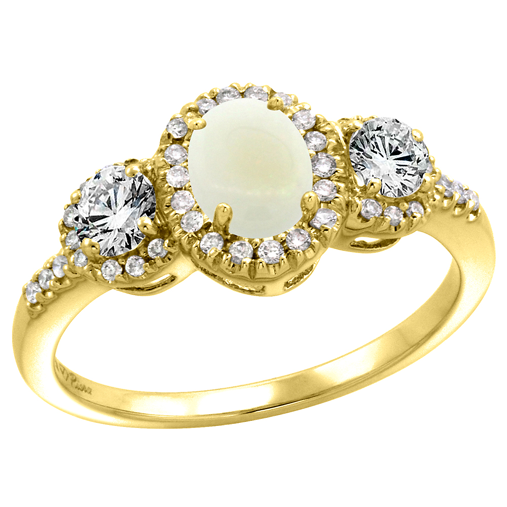 14k Yellow Gold Diamond Genuine Opal Halo Engagement Ring Oval 7x5mm, size 5-10