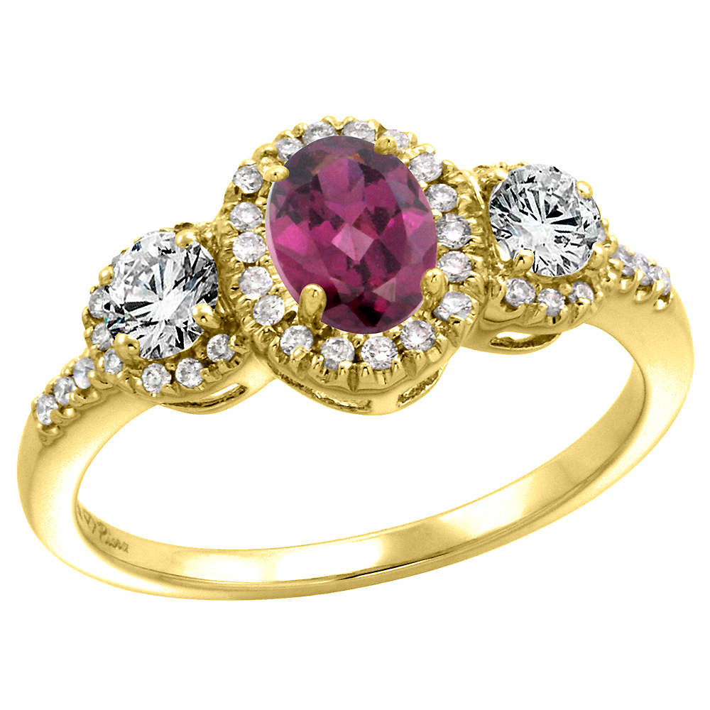 14k Yellow Gold Diamond Genuine Rhodolite Garnet Halo Engagement Ring Oval 7x5mm, size 5-10