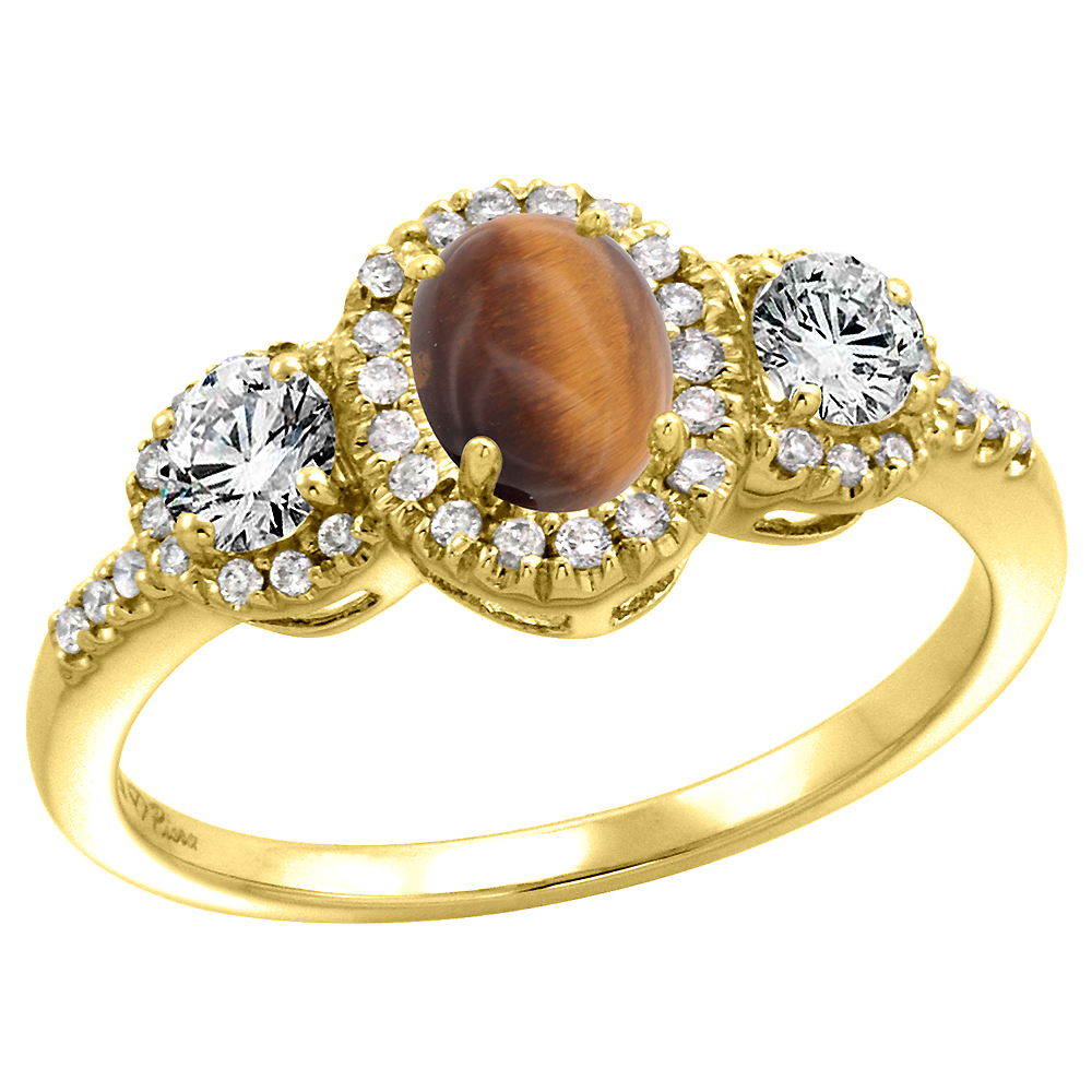 14k Yellow Gold Diamond Genuine Tiger Eye Halo Engagement Ring Oval 7x5mm, size 5-10