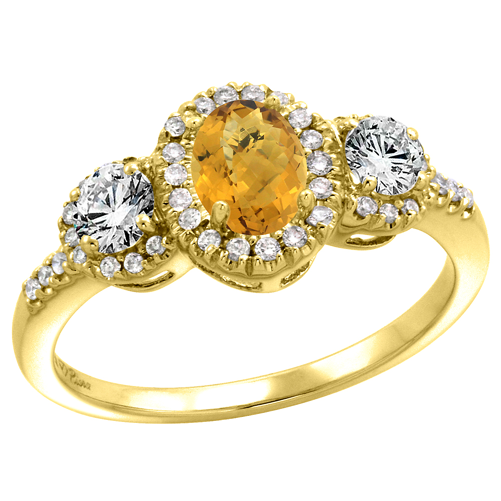 14k Yellow Gold Diamond Genuine Whisky Quartz Halo Engagement Ring Oval 7x5mm, size 5-10