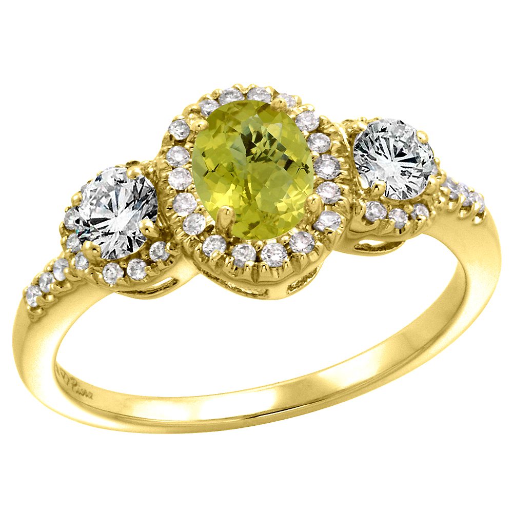14k Yellow Gold Diamond Genuine Lemon Quartz Halo Engagement Ring Oval 7x5mm, size 5-10