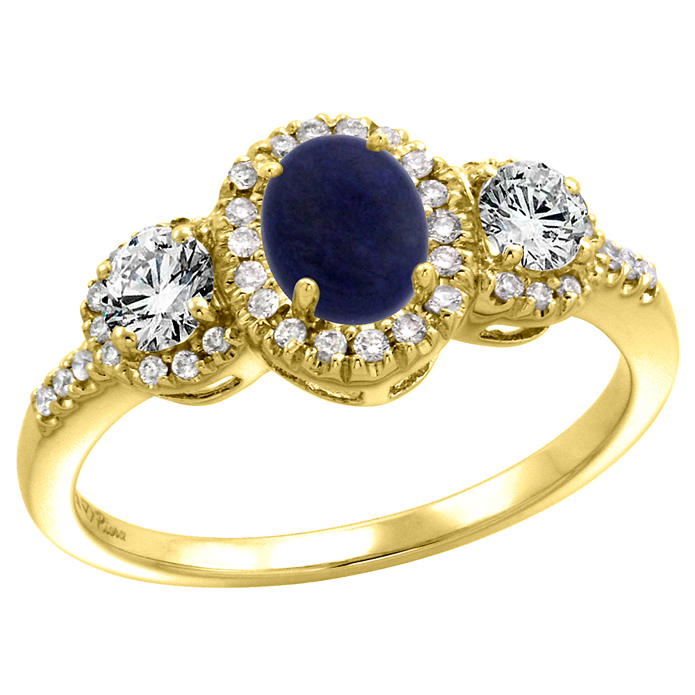 14k Yellow Gold Diamond Genuine Lapis Lazuli Halo Engagement Ring Oval 7x5mm, size 5-10