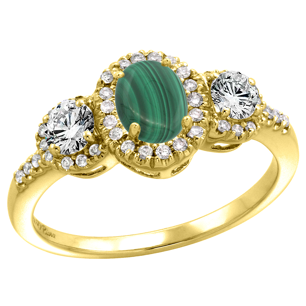 14k Yellow Gold Diamond Genuine Malachite Halo Engagement Ring Oval 7x5mm, size 5-10