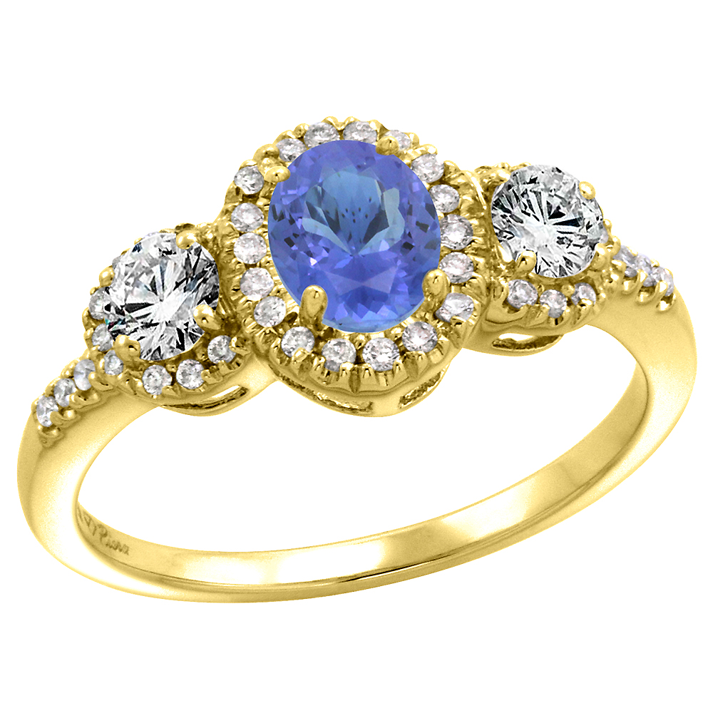 14k Yellow Gold Diamond Genuine Tanzanite Halo Engagement Ring Oval 7x5mm, size 5-10