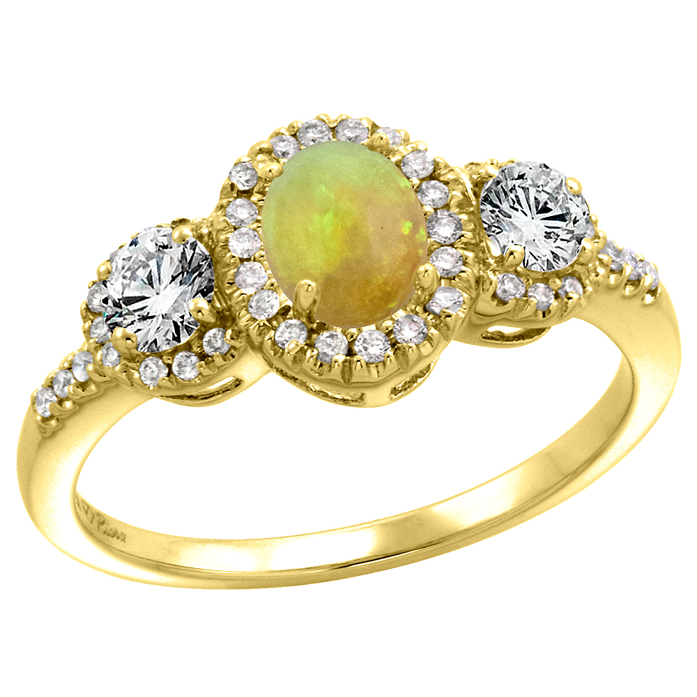 14k Yellow Gold Diamond Genuine Ethiopian Opal Halo Engagement Ring Oval 7x5mm, size 5-10