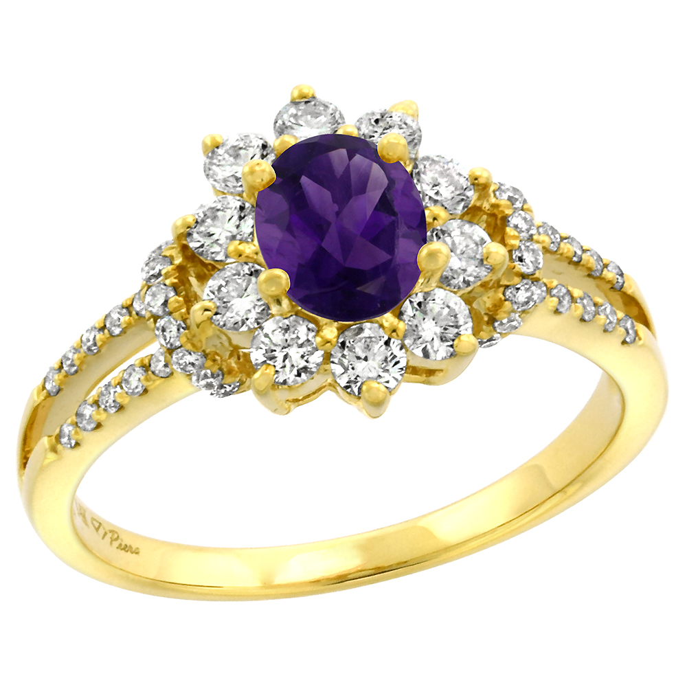 14k Yellow Gold Diamond Genuine Amethyst Halo Engagement Ring Oval 7x5mm, size 5-10