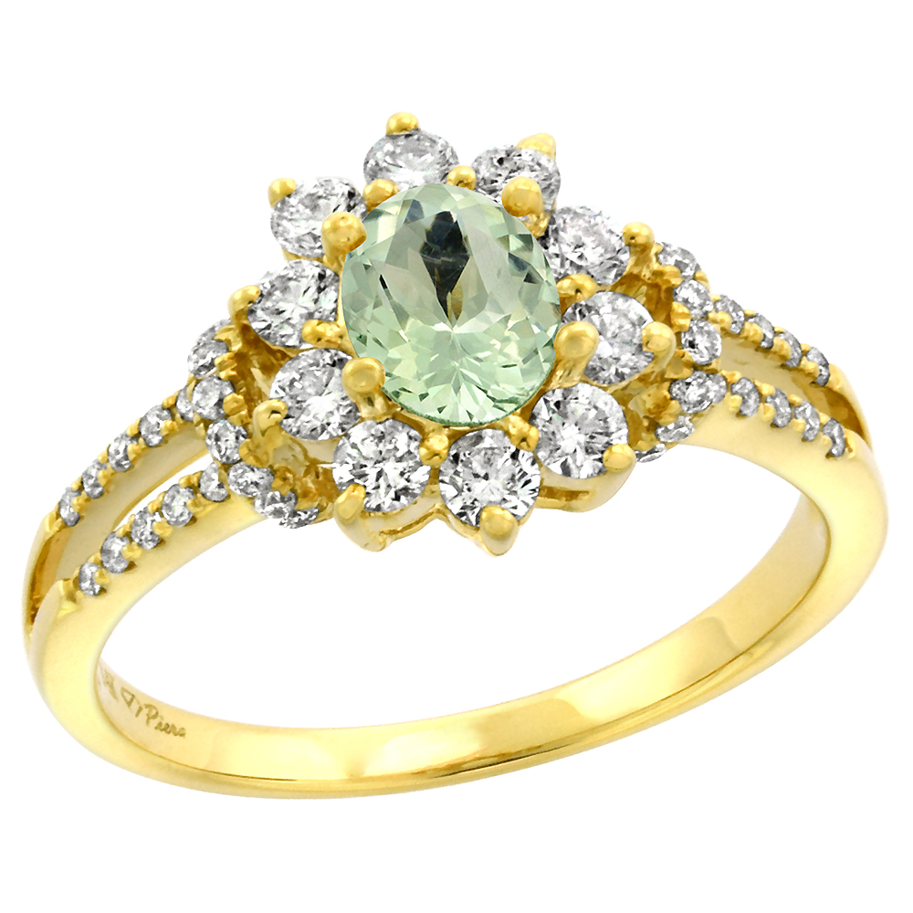 14k Yellow Gold Diamond Genuine Green Amethyst Halo Engagement Ring Oval 7x5mm, size 5-10