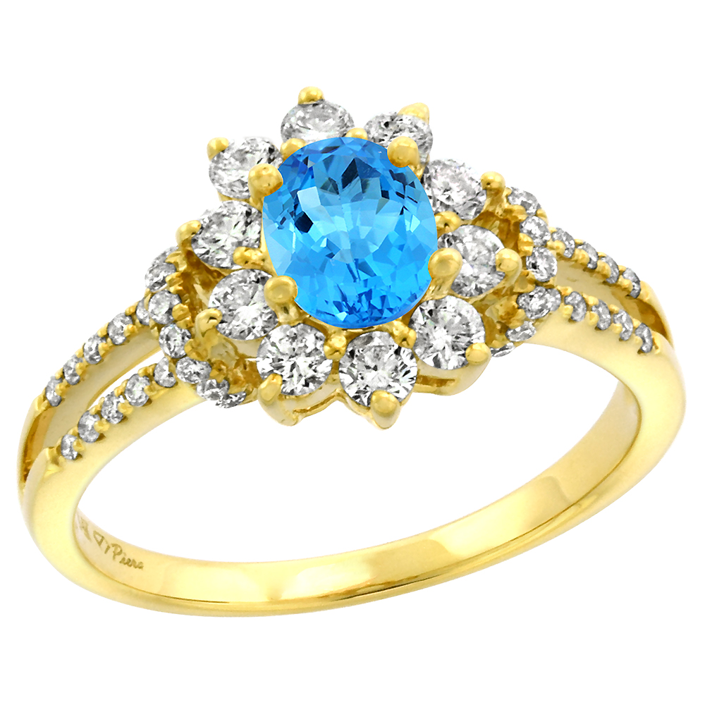 14k Yellow Gold Diamond Genuine Swiss Blue Topaz Halo Engagement Ring Oval 7x5mm, size 5-10