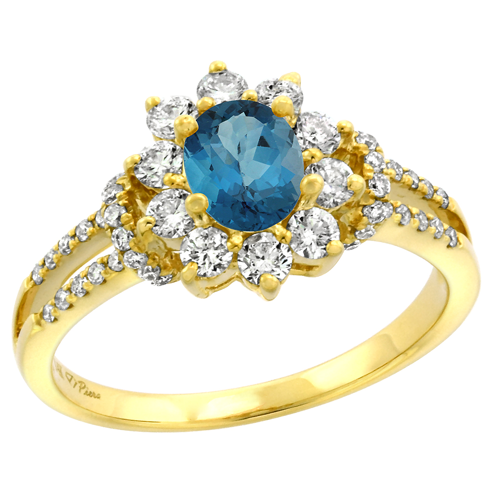 14k Yellow Gold Diamond Genuine London Blue Topaz Halo Engagement Ring Oval 7x5mm, size 5-10