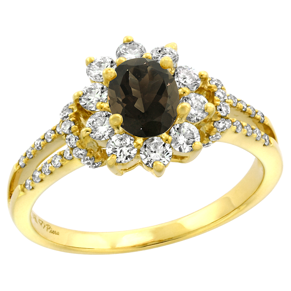 14k Yellow Gold Diamond Genuine Smoky Topaz Halo Engagement Ring Oval 7x5mm, size 5-10