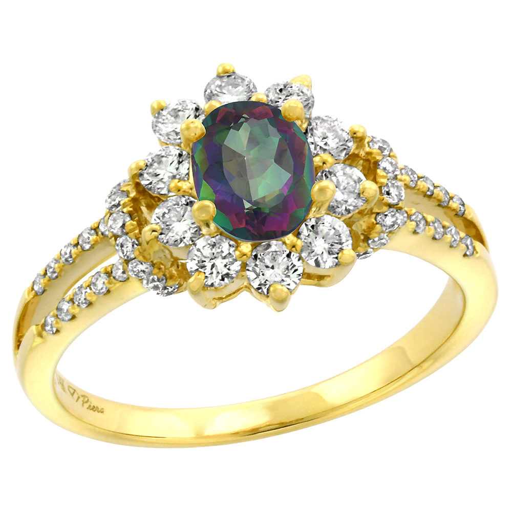 14k Yellow Gold Diamond Genuine Mystic Topaz Halo Engagement Ring Oval 7x5mm, size 5-10
