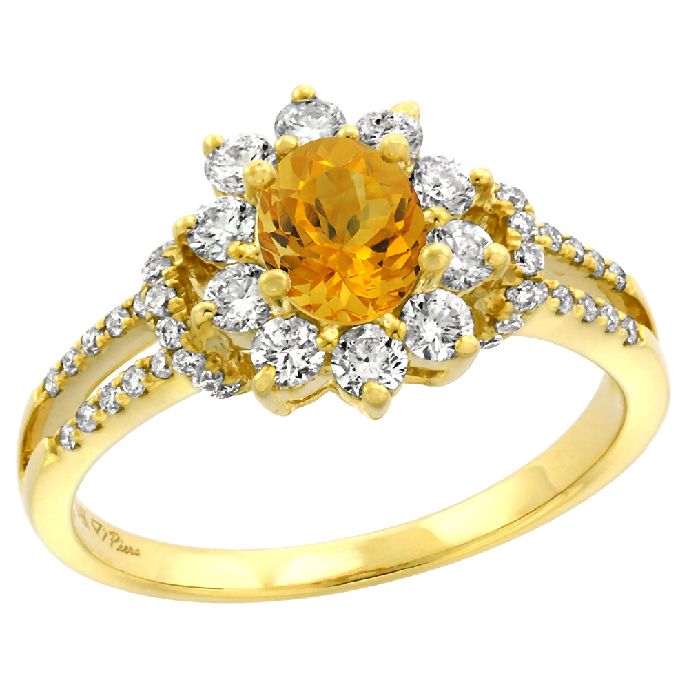 14k Yellow Gold Diamond Genuine Citrine Halo Engagement Ring Oval 7x5mm, size 5-10