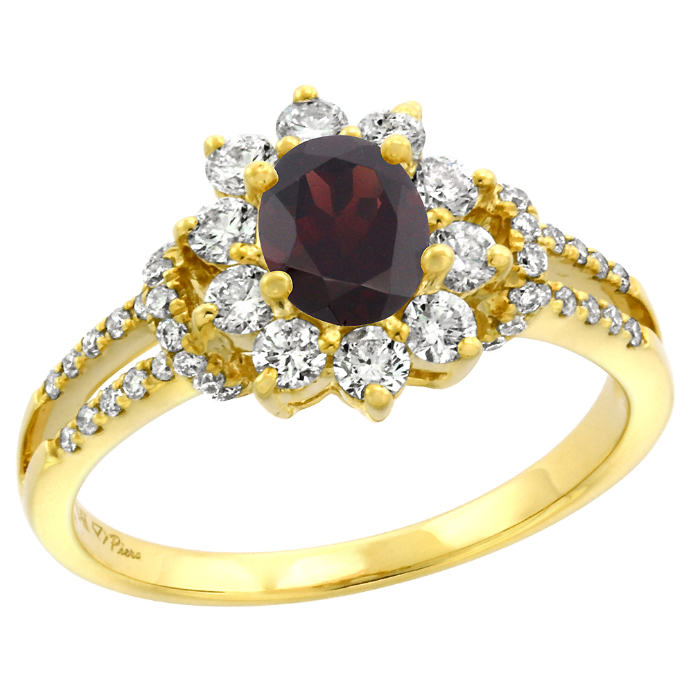 14k Yellow Gold Diamond Genuine Garnet Halo Engagement Ring Oval 7x5mm, size 5-10