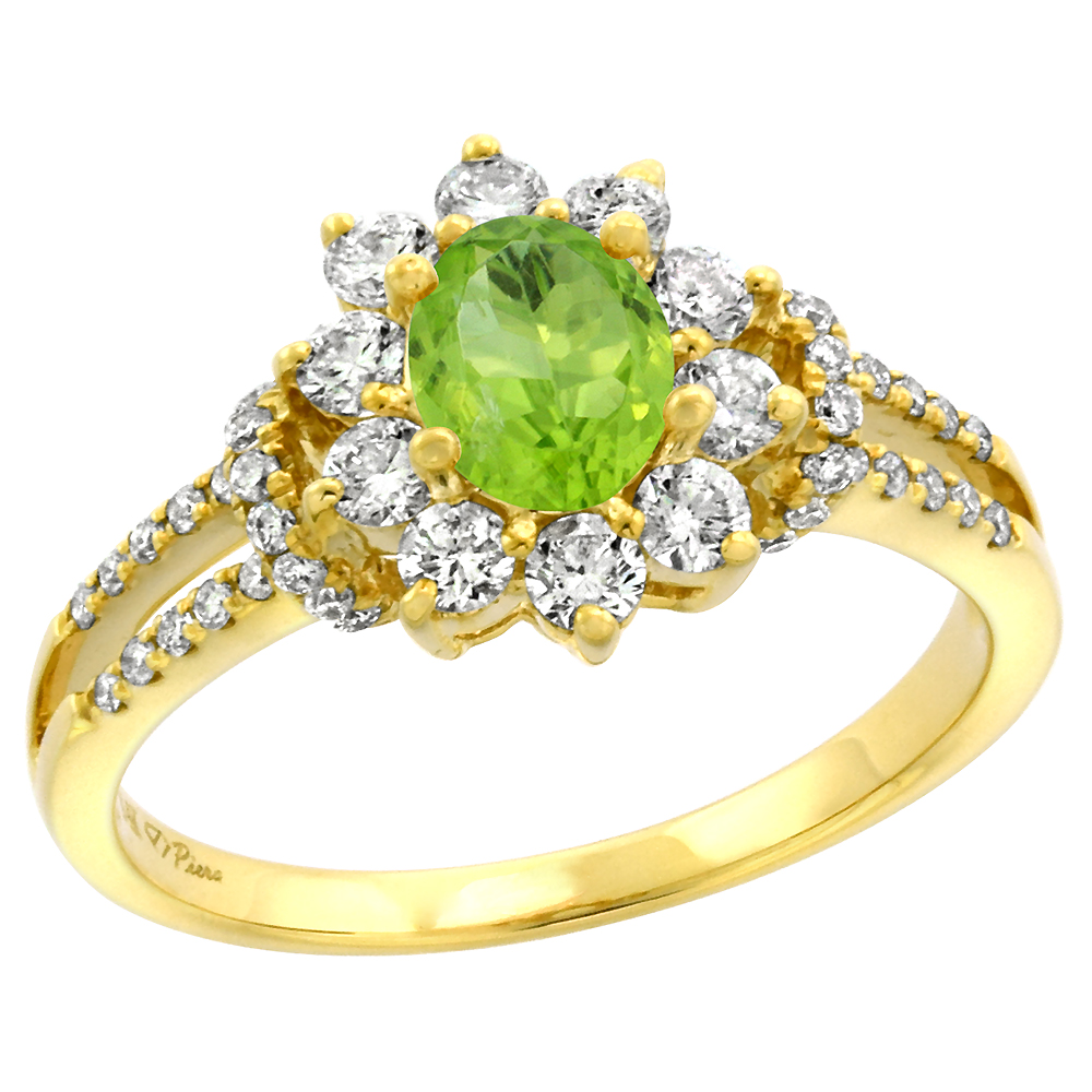 14k Yellow Gold Diamond Genuine Peridot Halo Engagement Ring Oval 7x5mm, size 5-10