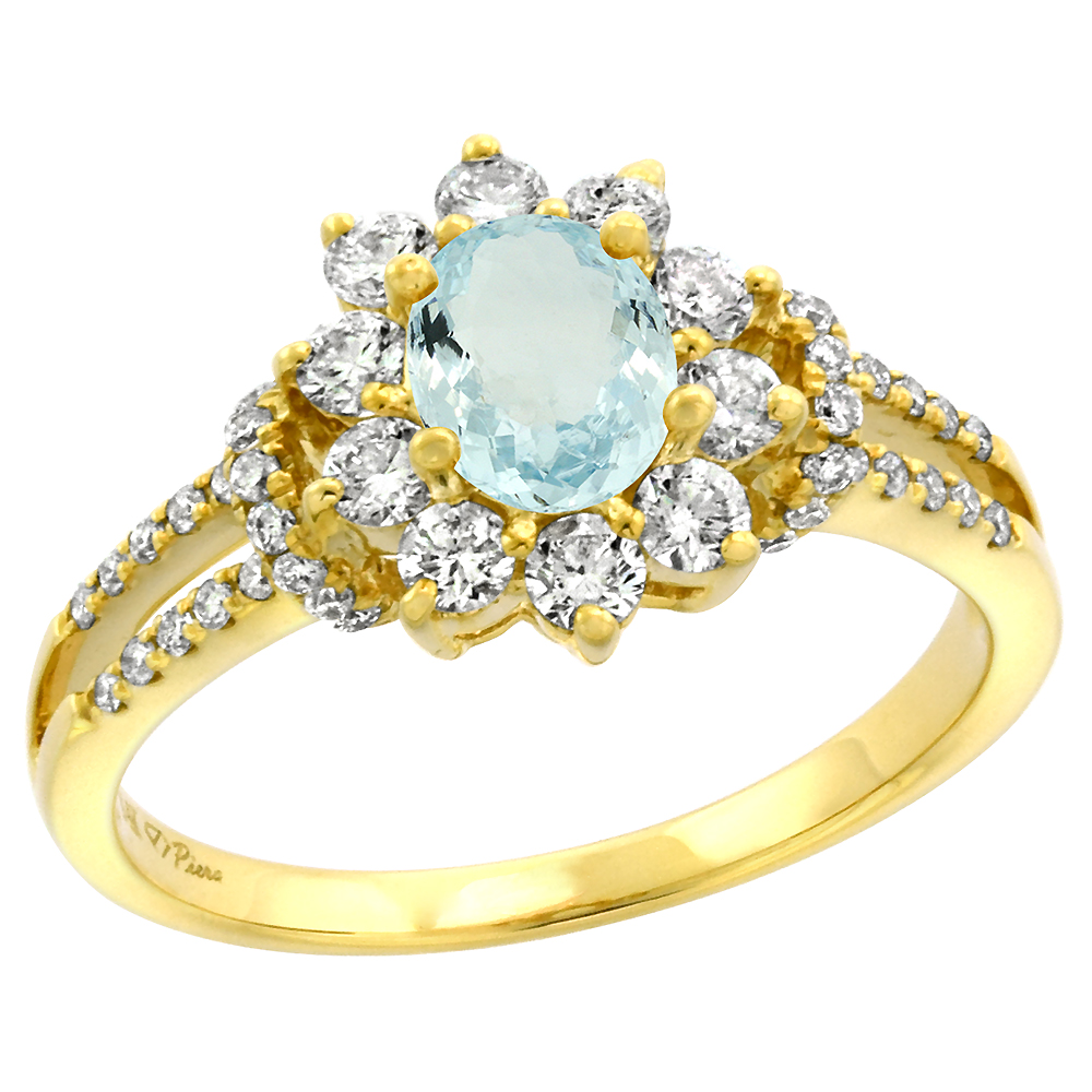 14k Yellow Gold Diamond Genuine Aquamarine Halo Engagement Ring Oval 7x5mm, size 5-10