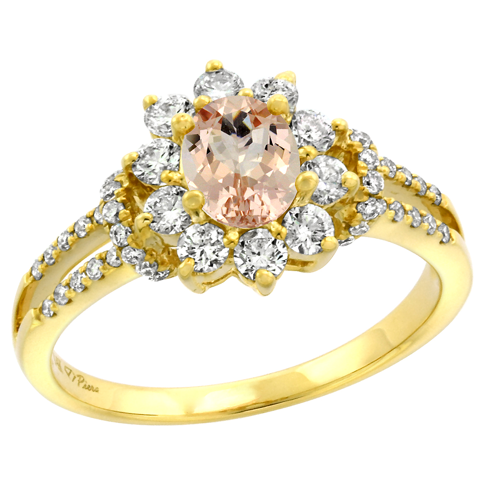 14k Yellow Gold Diamond Genuine Morganite Halo Engagement Ring Oval 7x5mm, size 5-10