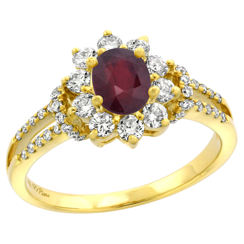14k Yellow Gold Diamond Enhanced Genuine Ruby Halo Engagement Ring Oval 7x5mm, size 5-10