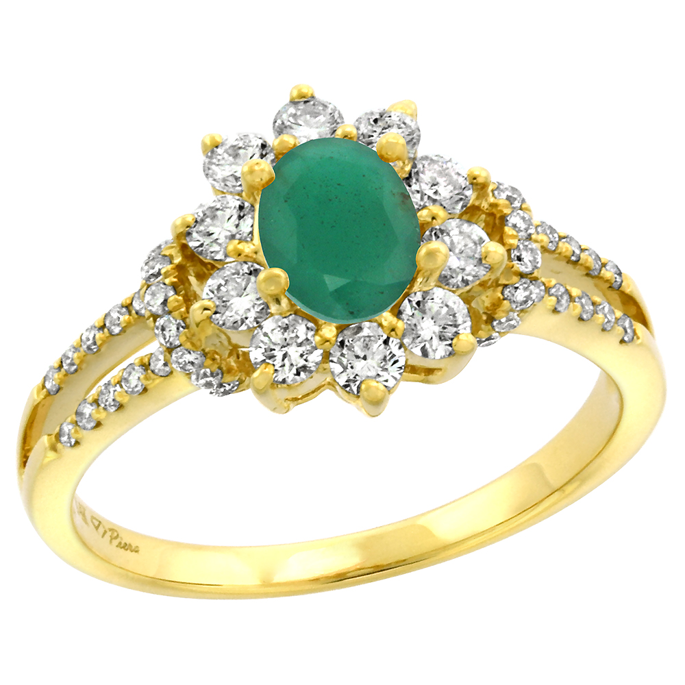 14k Yellow Gold Diamond Genuine Emerald Halo Engagement Ring Oval 7x5mm, size 5-10