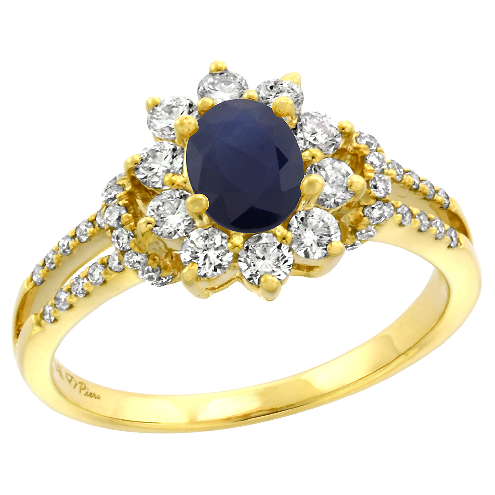 14k Yellow Gold Diamond Genuine Blue Sapphire Halo Engagement Ring Oval 7x5mm, size 5-10