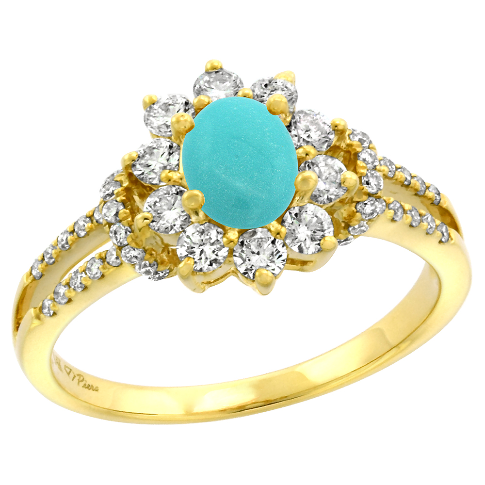 14k Yellow Gold Diamond Genuine Turquoise Halo Engagement Ring Oval 7x5mm, size 5-10