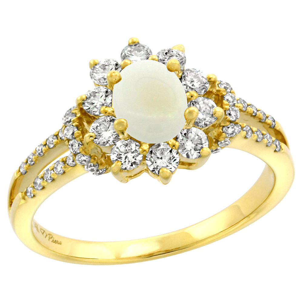 14k Yellow Gold Diamond Genuine Opal Halo Engagement Ring Oval 7x5mm, size 5-10