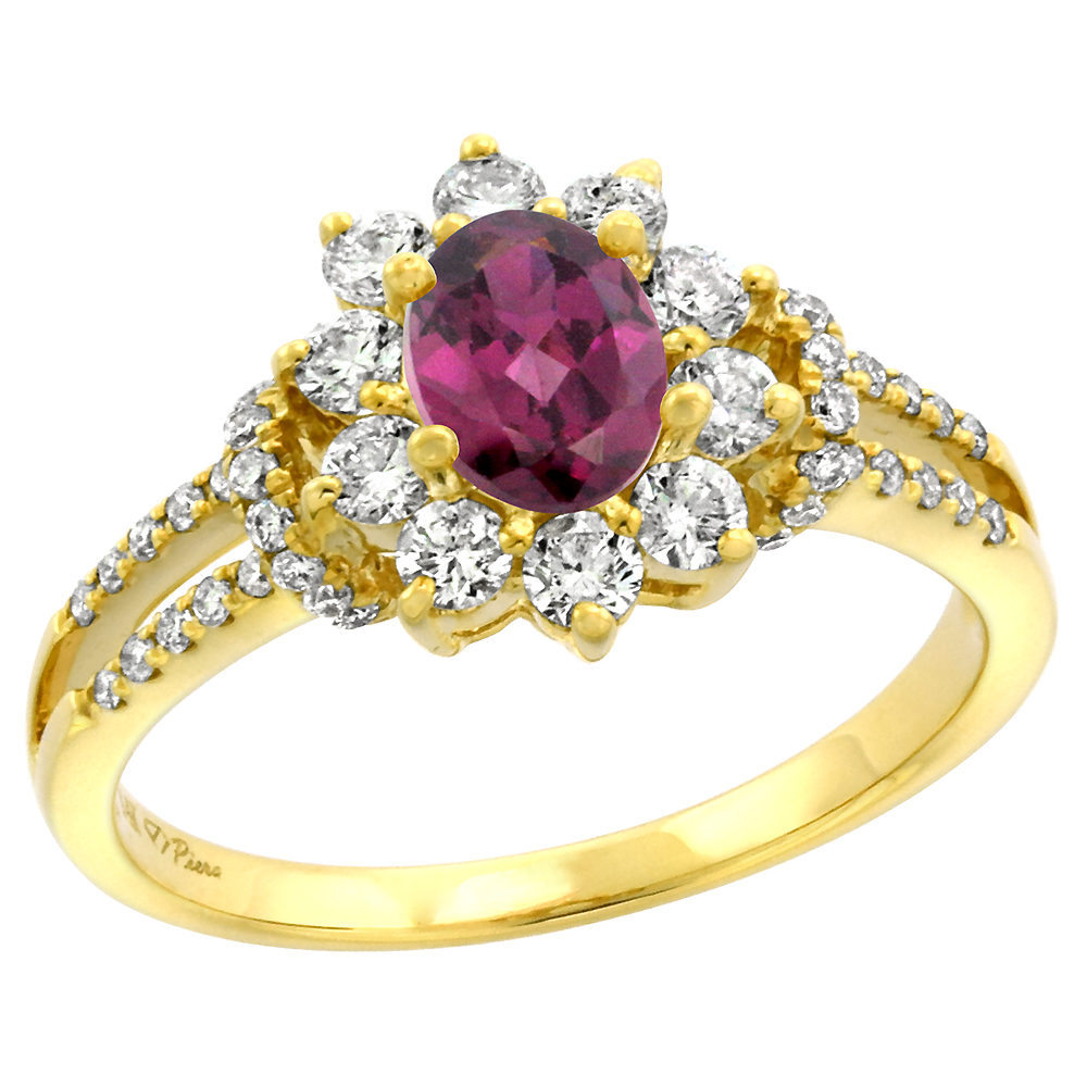 14k Yellow Gold Diamond Genuine Rhodolite Garnet Halo Engagement Ring Oval 7x5mm, size 5-10
