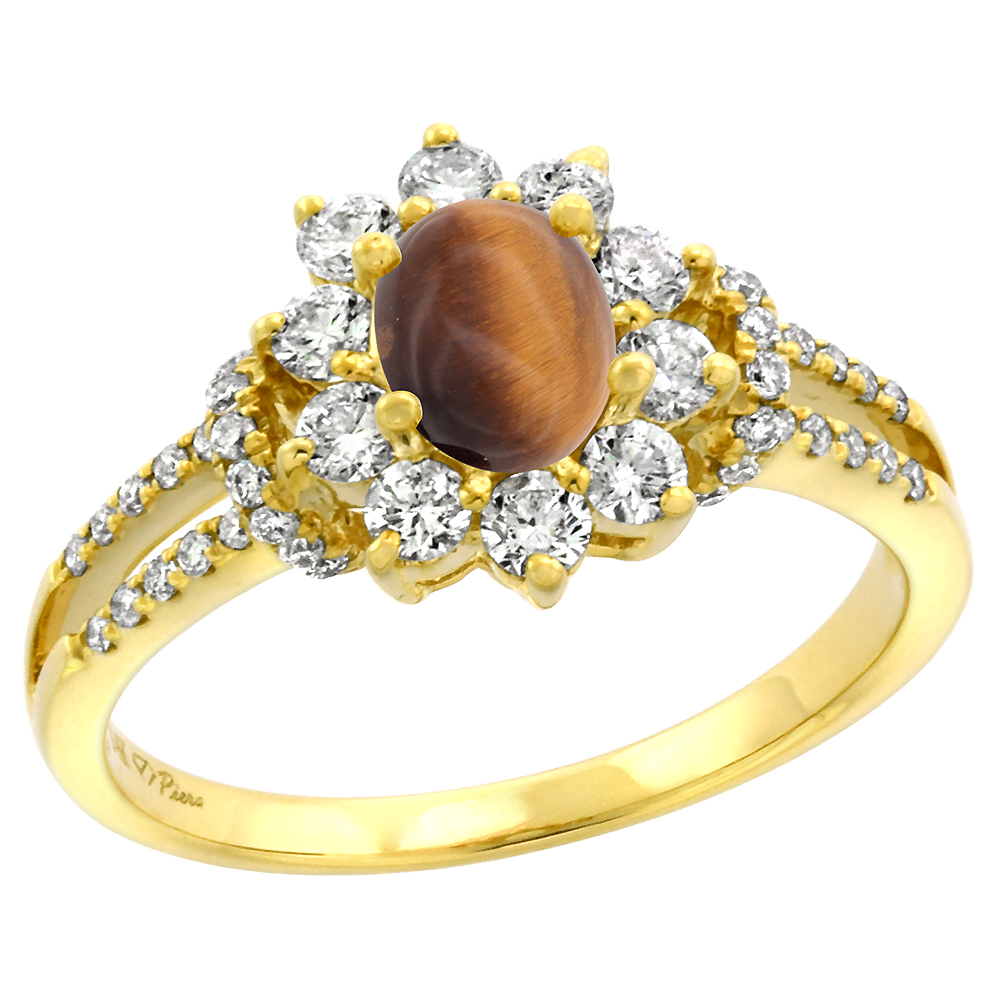 14k Yellow Gold Diamond Genuine Tiger Eye Halo Engagement Ring Oval 7x5mm, size 5-10