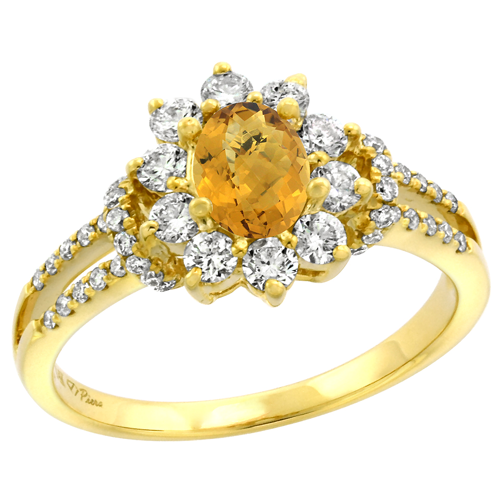 14k Yellow Gold Diamond Genuine Whisky Quartz Halo Engagement Ring Oval 7x5mm, size 5-10