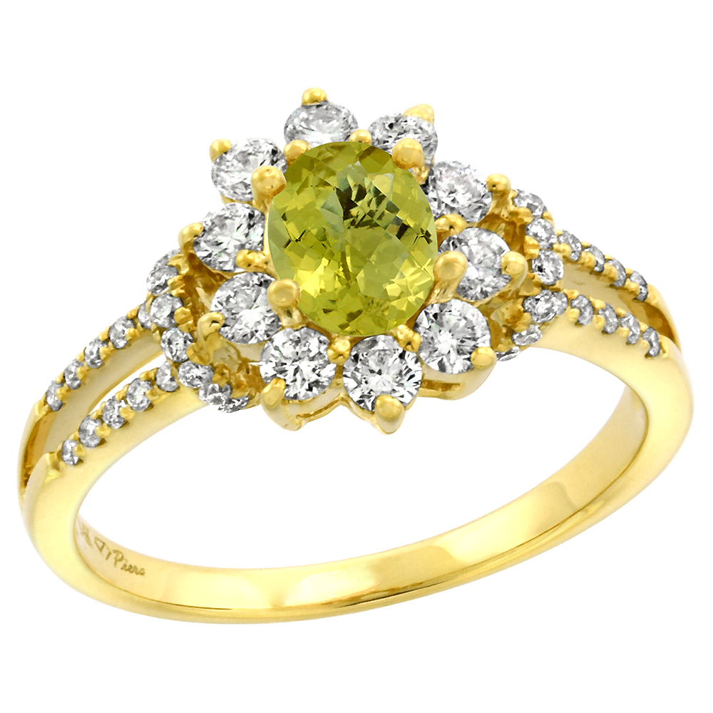 14k Yellow Gold Diamond Genuine Lemon Quartz Halo Engagement Ring Oval 7x5mm, size 5-10