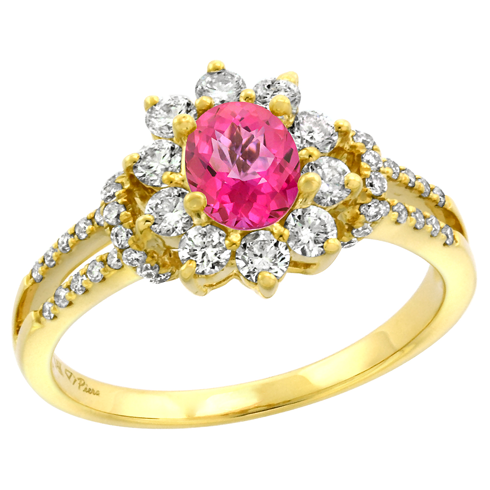 14k Yellow Gold Diamond Genuine Pink Sapphire Halo Engagement Ring Oval 7x5mm, size 5-10