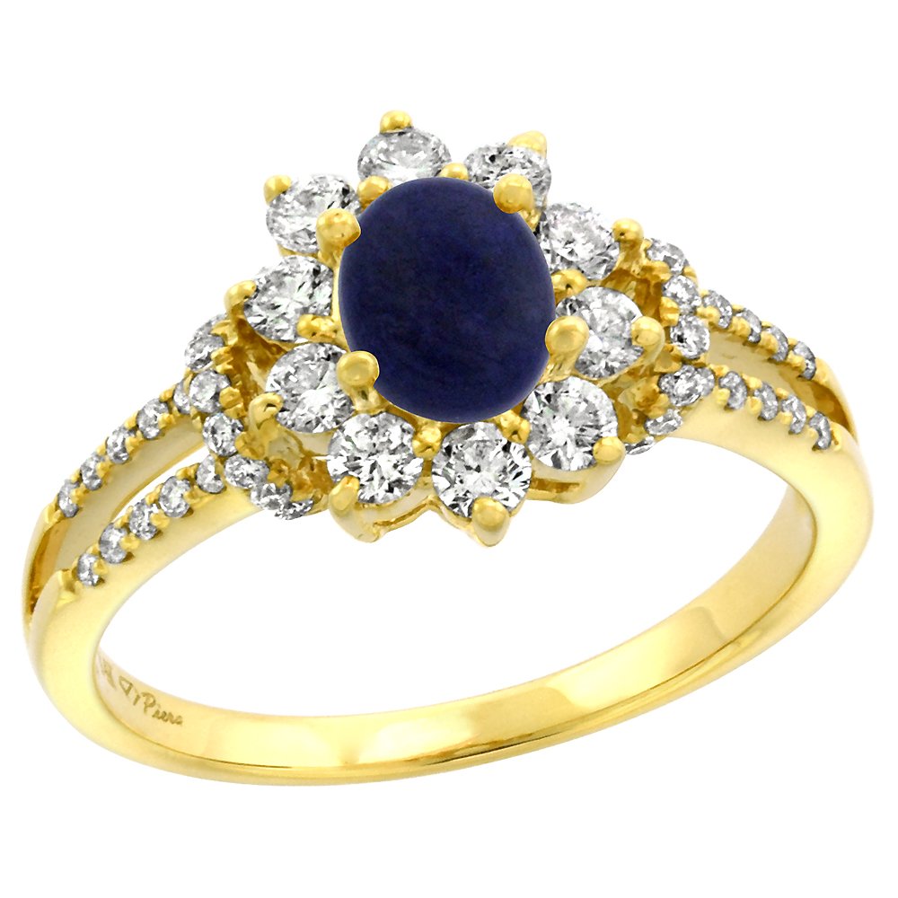 14k Yellow Gold Diamond Genuine Lapis Lazuli Halo Engagement Ring Oval 7x5mm, size 5-10