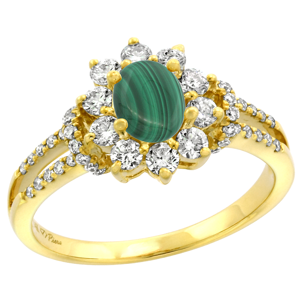 14k Yellow Gold Diamond Genuine Malachite Halo Engagement Ring Oval 7x5mm, size 5-10