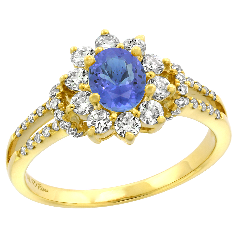 14k Yellow Gold Diamond Genuine Tanzanite Halo Engagement Ring Oval 7x5mm, size 5-10