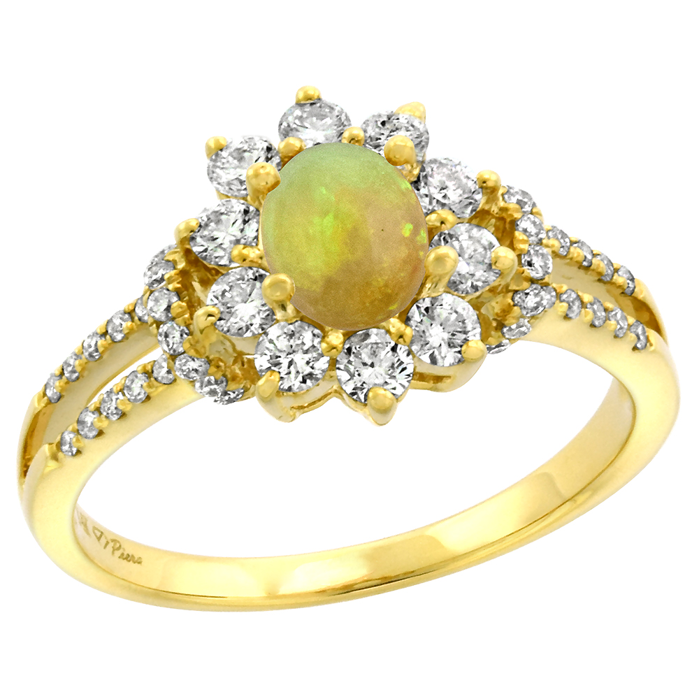 14k Yellow Gold Diamond Genuine Ethiopian Opal Halo Engagement Ring Oval 7x5mm, size 5-10