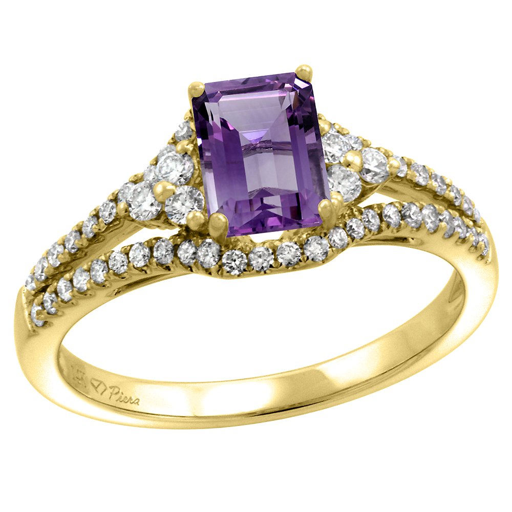 14k Yellow Gold Diamond Halo Genuine Amethyst Engagement Ring Split Shank Octagon 7x5mm, size 5-10