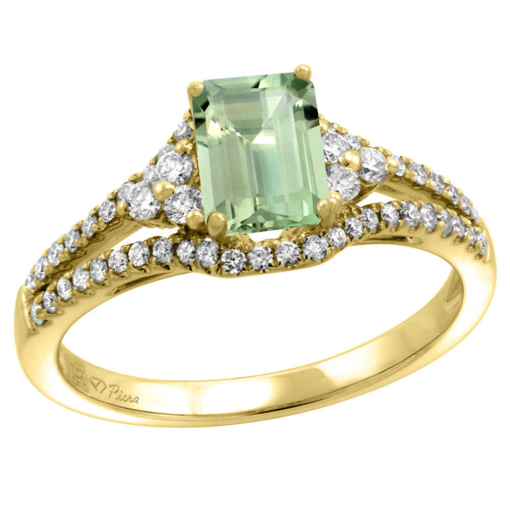 14k Yellow Gold Diamond Halo Genuine Green Amethyst Engagement Ring Split Shank Octagon 7x5mm, size 5-10