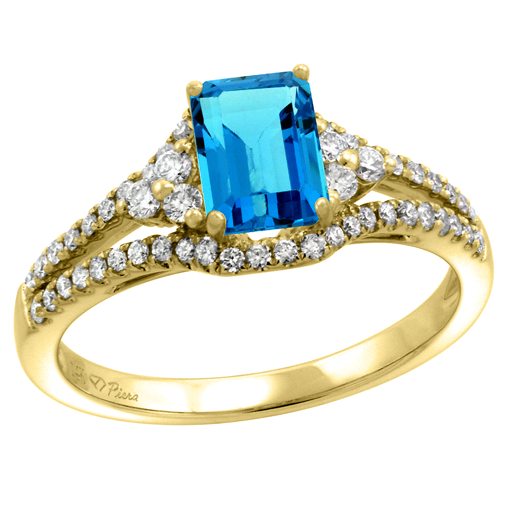 14k Yellow Gold Diamond Halo Genuine Swiss Blue Topaz Engagement Ring Split Shank Octagon 7x5mm, size 5-10