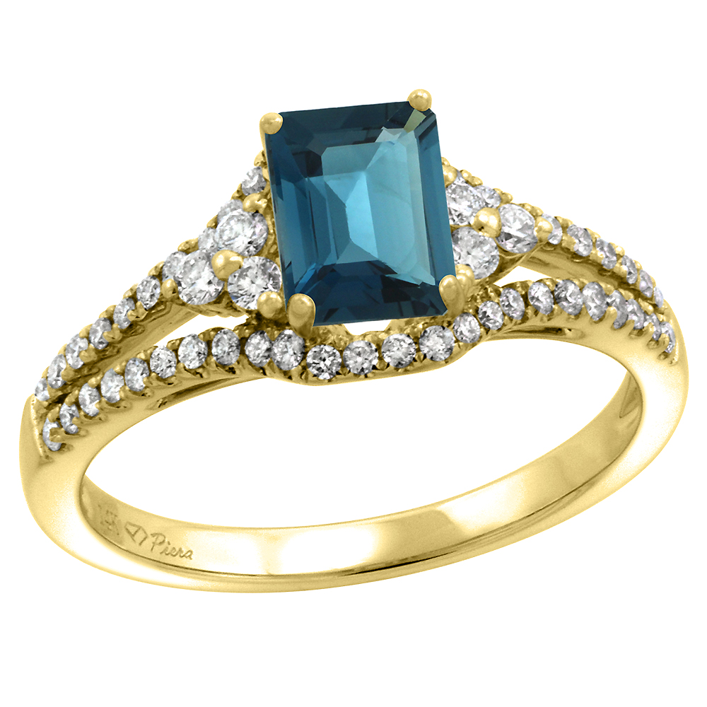 14k Yellow Gold Diamond Halo Genuine London Blue Topaz Engagement Ring Split Shank Octagon 7x5mm, size 5-10
