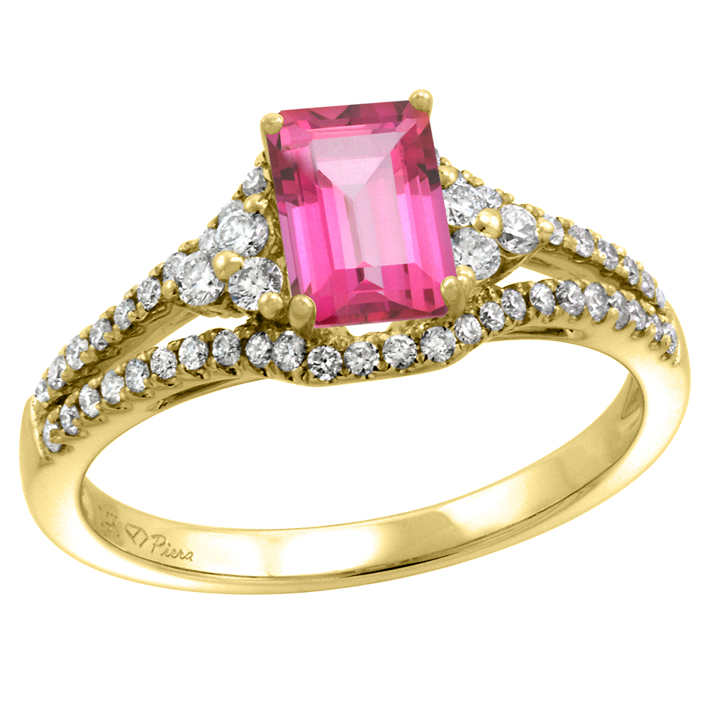 14k Yellow Gold Diamond Halo Genuine Pink Topaz Engagement Ring Split Shank Octagon 7x5mm, size 5-10