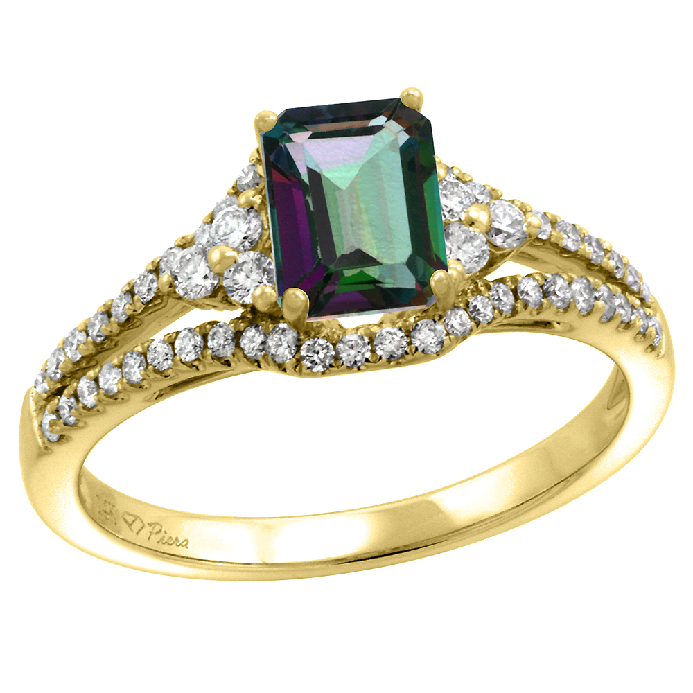 14k Yellow Gold Diamond Halo Genuine Mystic Topaz Engagement Ring Split Shank Octagon 7x5mm, size 5-10
