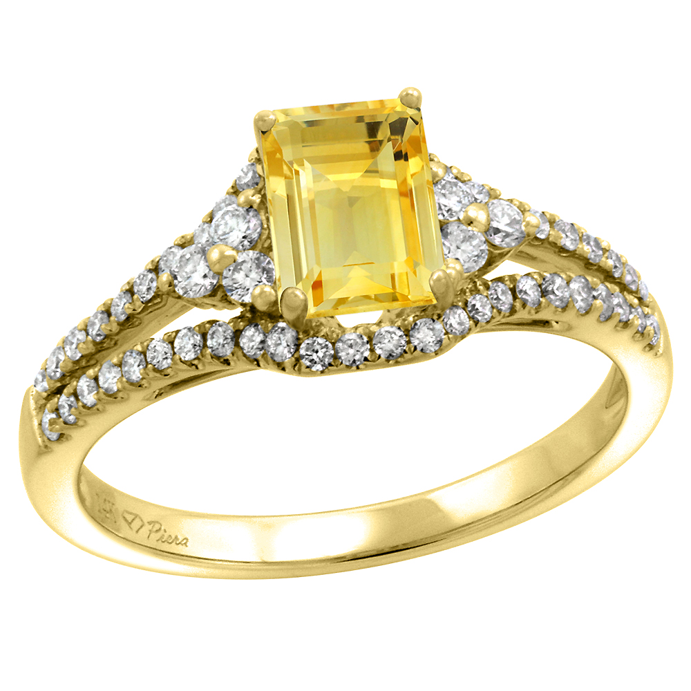 14k Yellow Gold Diamond Halo Genuine Citrine Engagement Ring Split Shank Octagon 7x5mm, size 5-10