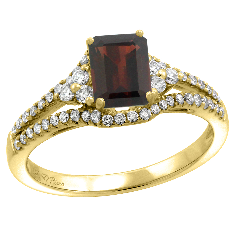 14k Yellow Gold Diamond Halo Genuine Garnet Engagement Ring Split Shank Octagon 7x5mm, size 5-10