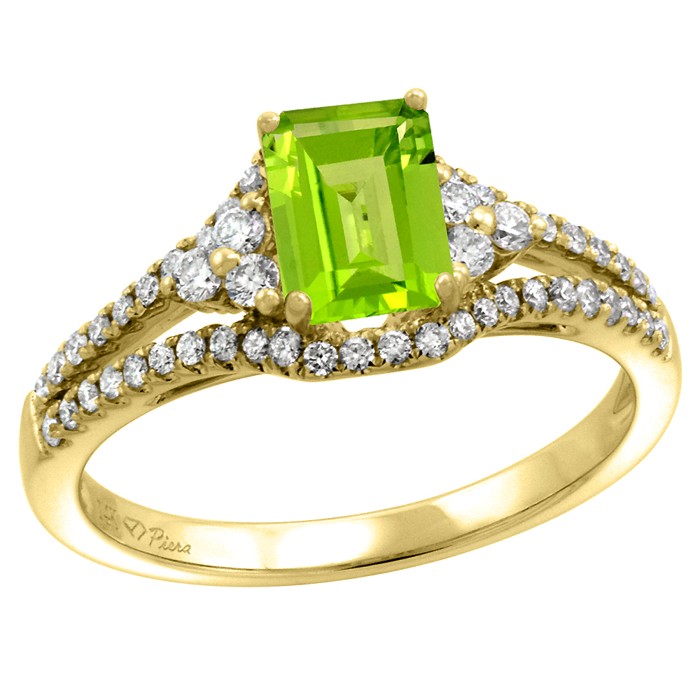 14k Yellow Gold Diamond Halo Genuine Peridot Engagement Ring Split Shank Octagon 7x5mm, size 5-10