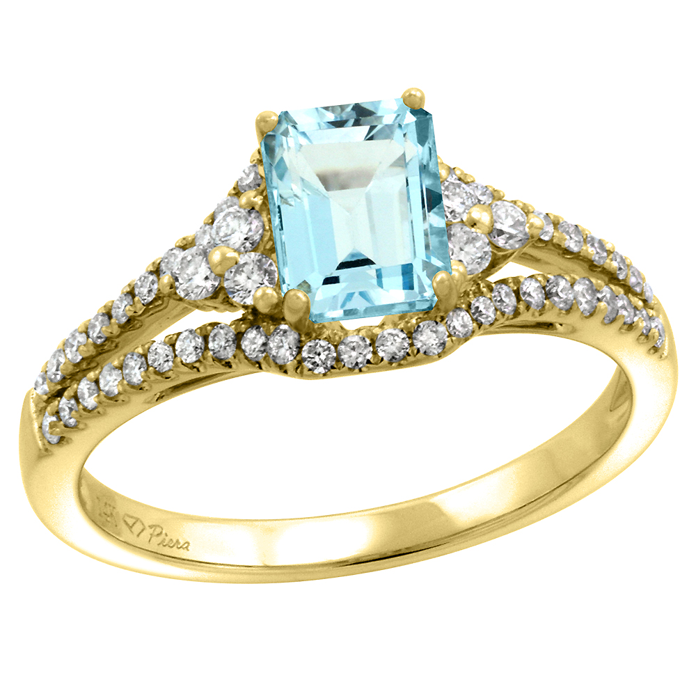 14k Yellow Gold Diamond Halo Genuine Aquamarine Engagement Ring Split Shank Octagon 7x5mm, size 5-10
