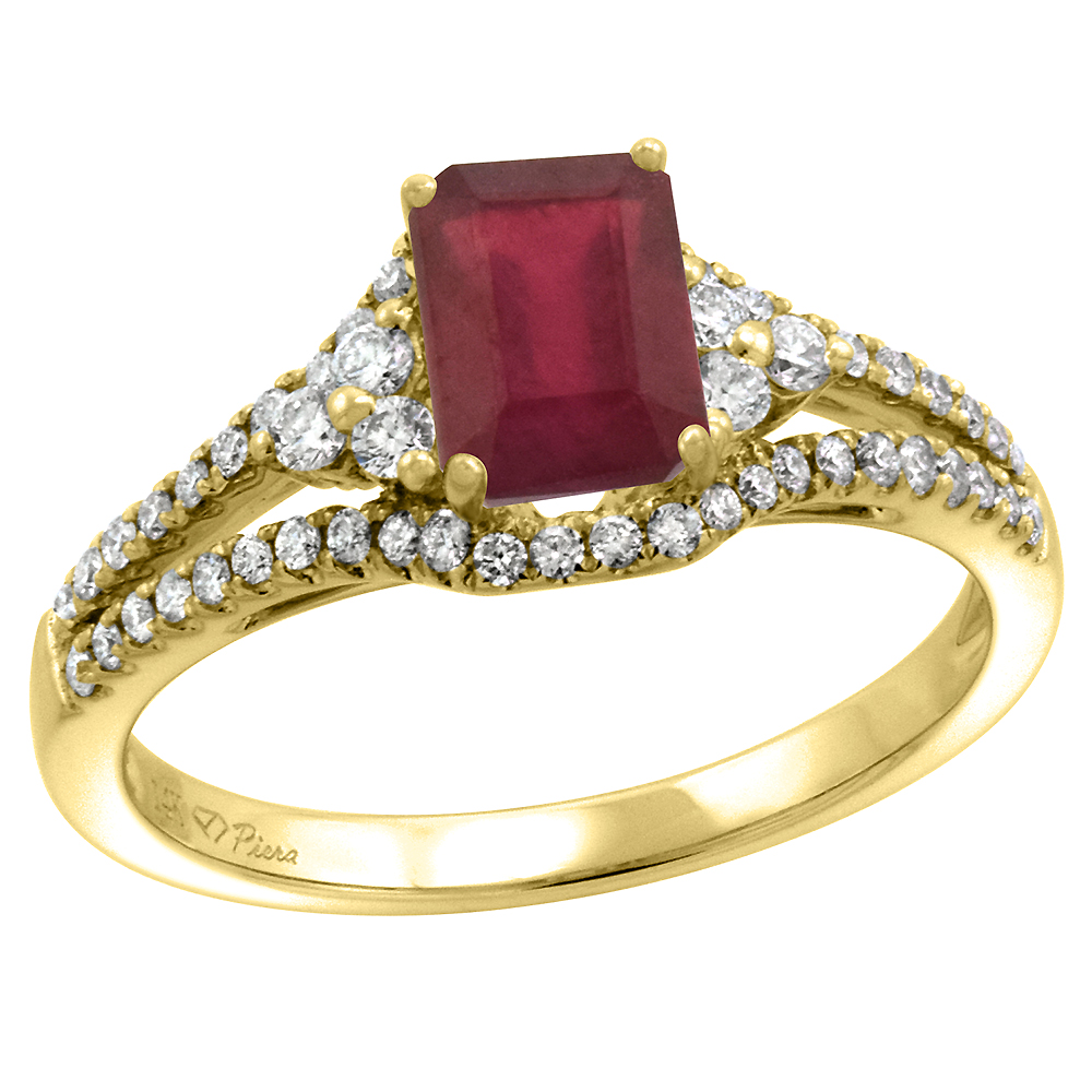 14k Yellow Gold Diamond Halo Enhanced Genuine Ruby Engagement Ring Split Shank Octagon 7x5mm, size 5-10