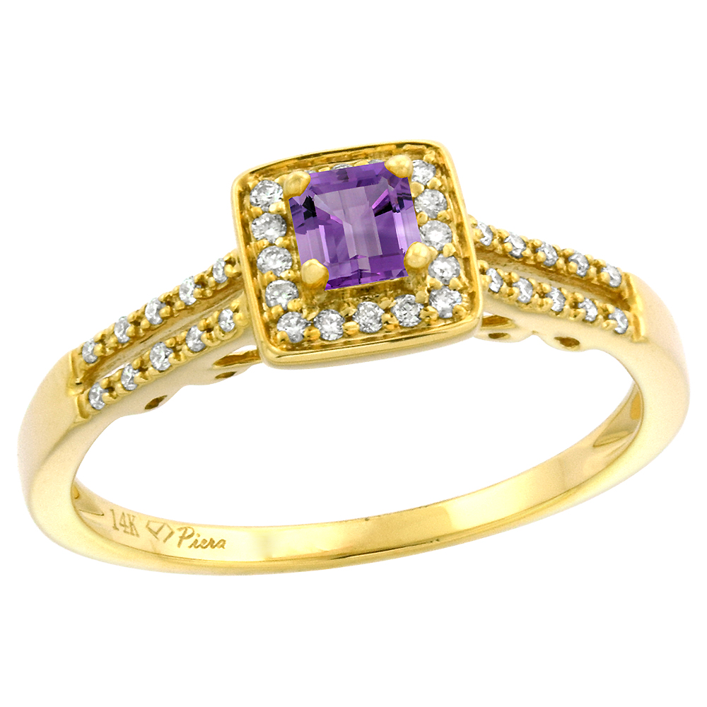 14k Yellow Gold Diamond Halo Genuine Amethyst Engagement Ring Split Shank Princess cut 4x4mm, size 5-10