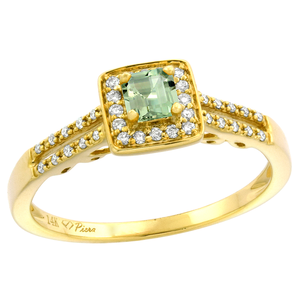 14k Yellow Gold Diamond Halo Green Amethyst Engagement Ring Split Shank Princess cut 4x4mm, size 5-10