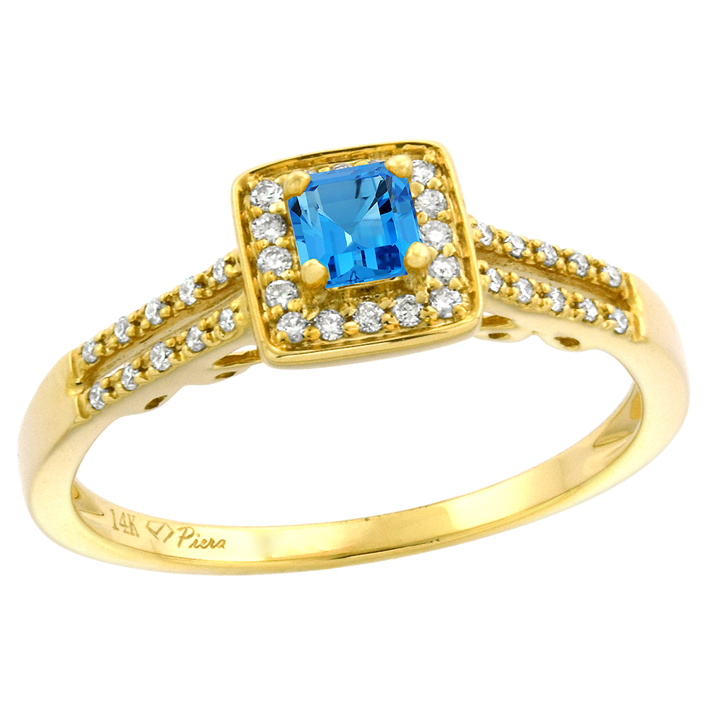 14k Yellow Gold Diamond Halo Swiss Blue Topaz Engagement Ring Split Shank Princess cut 4x4mm, size 5-10