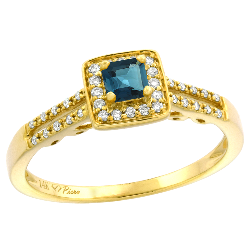 14k Yellow Gold Diamond Halo London Blue Topaz Engagement Ring Split Shank Princess cut 4x4mm, size 5-10