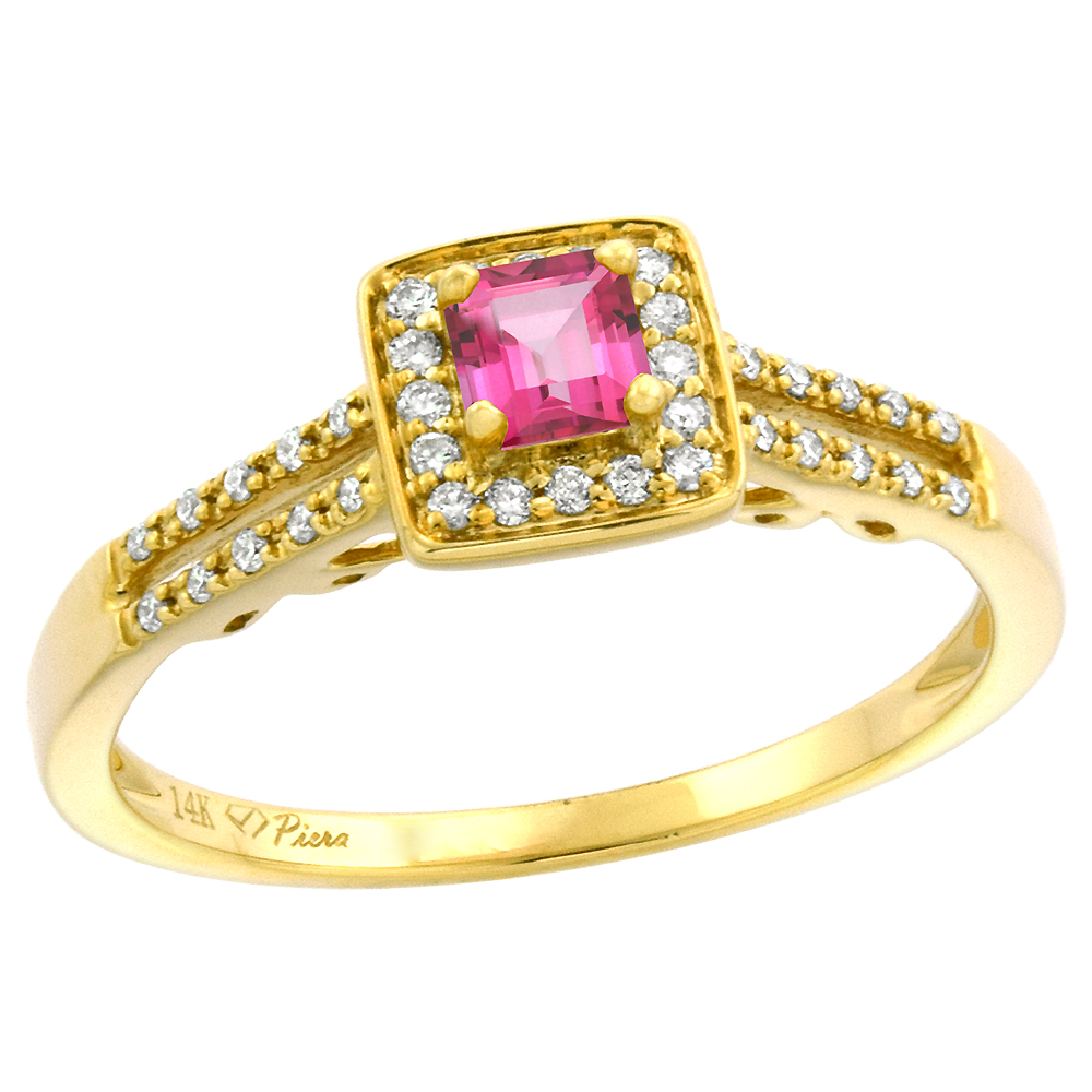 14k Yellow Gold Diamond Halo Genuine Pink Topaz Engagement Ring Split Shank Princess cut 4x4mm, size 5-10